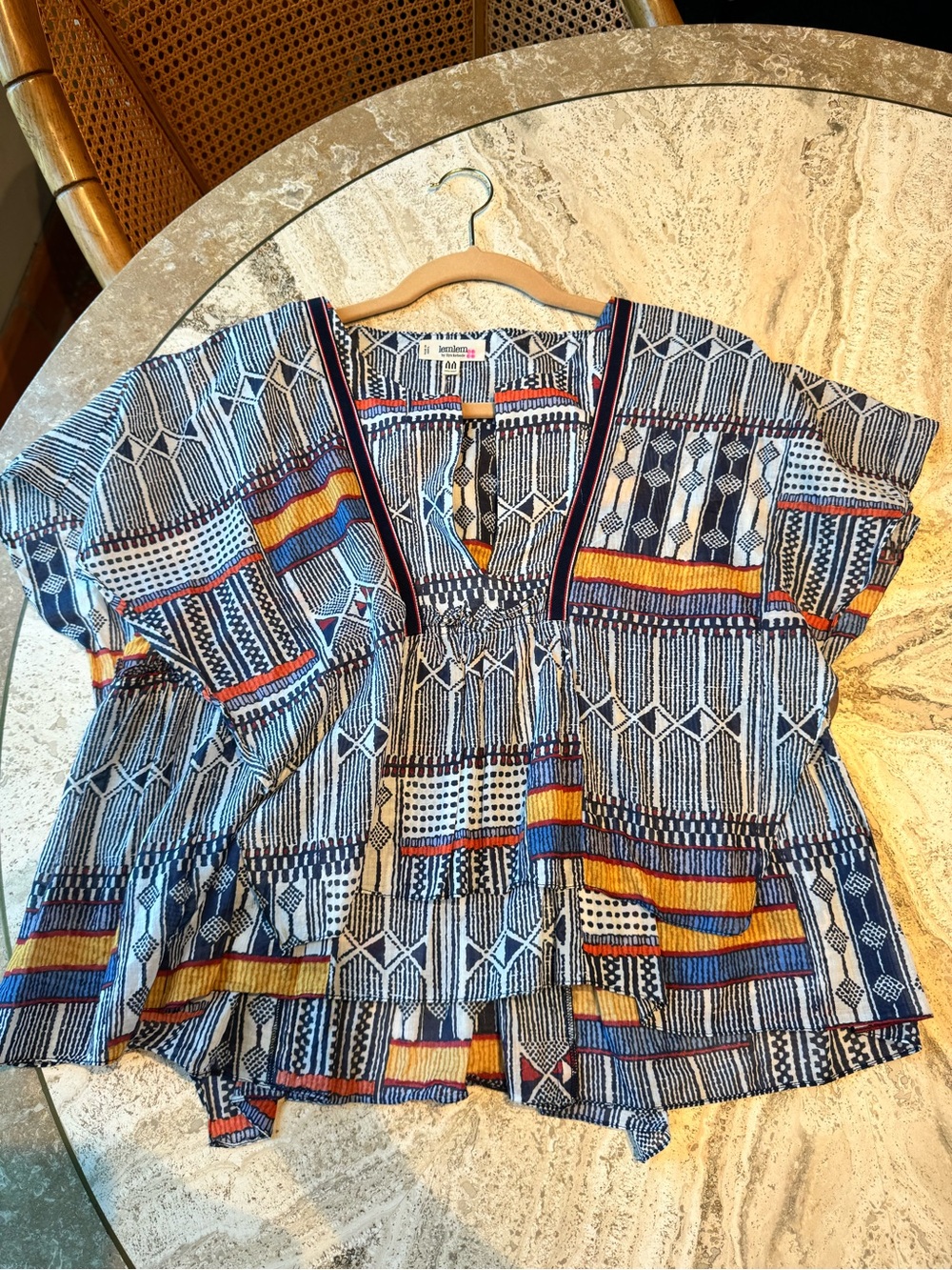 Lemlem Geometric V-Neck Tunic in Navy, Mustard & Rust